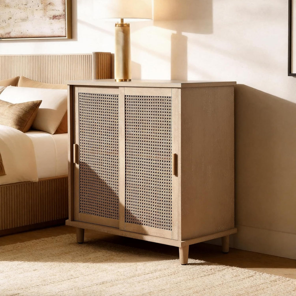Fat Ant Sideboard Buffet Storage Cabinet, Rattan Credenza Buffet Table, Boho Console Accent Cabinet with Sliding Doors, Coffee Bar Cabinets for Kitchen Entryway Living Room, Natural