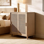 Fat Ant Sideboard Buffet Storage Cabinet, Rattan Credenza Buffet Table, Boho Console Accent Cabinet with Sliding Doors, Coffee Bar Cabinets for Kitchen Entryway Living Room, Natural