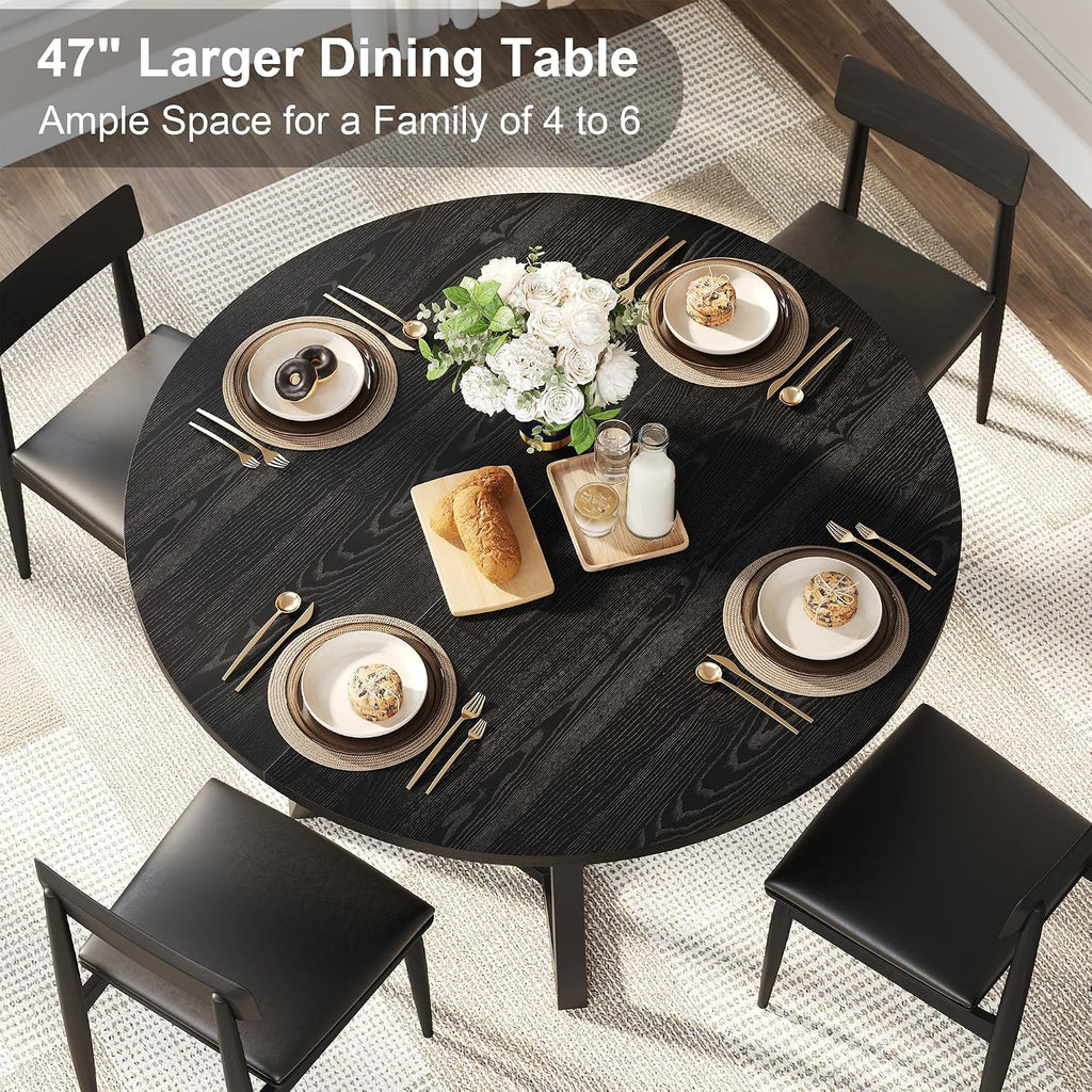 knoworld Round Dining Table for 4, Kitchen Tables Dining Room Circle Dinner Table with Pedestal Metal Frame, Space Saving Wood Industrial Kitchen Tables for Dining Room, Living Room, Black, 47 Inch