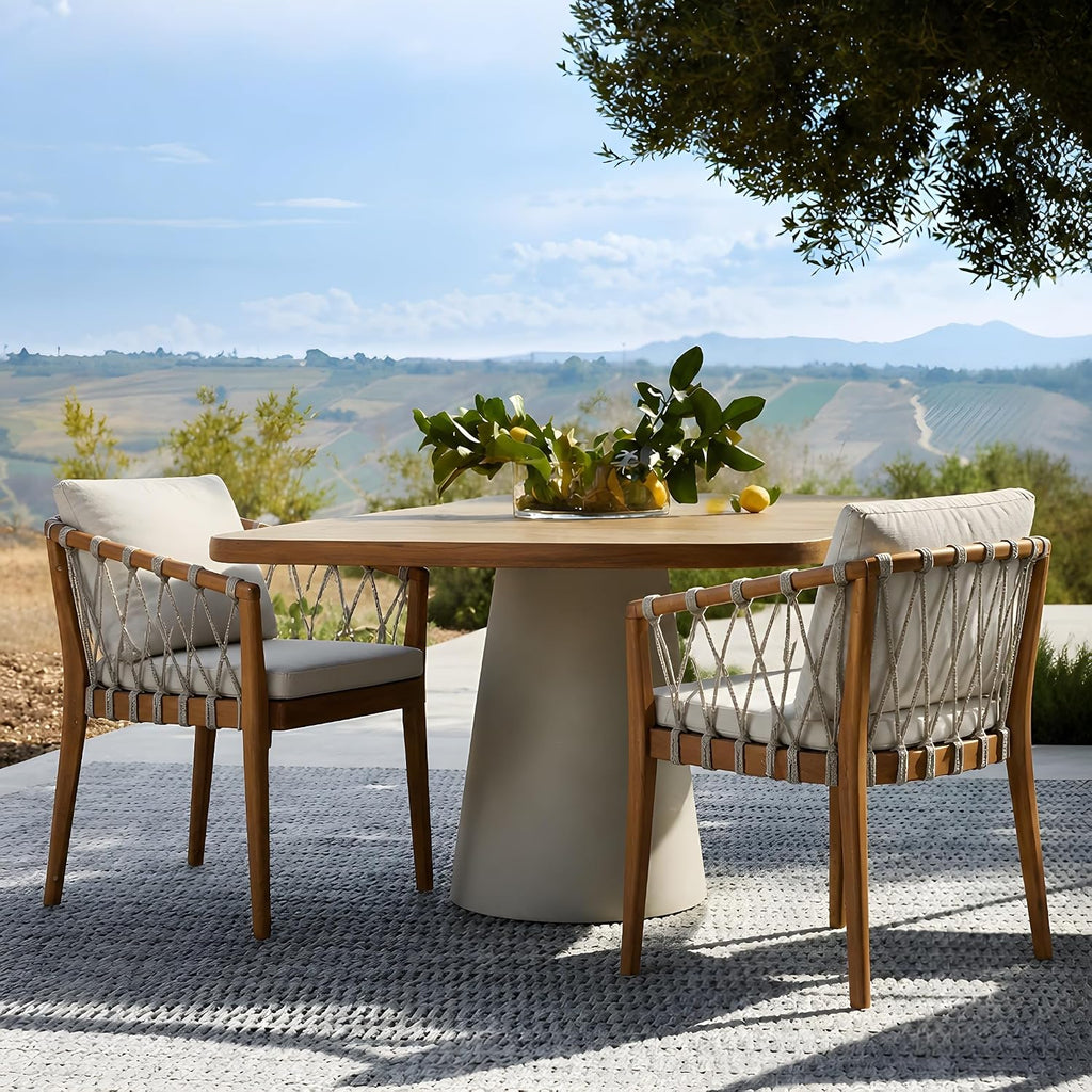 Elountik Patio Dining Chairs Set of 2, Acacia Wood Frame with Teak Finish, Multi Brown Rope Weave, Water Repellent Beige Cushion for Backyard Garden Balcony