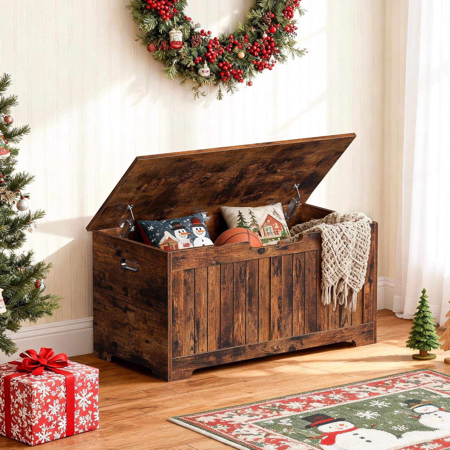 SUPER DEAL Storage Chest, 39 inches Chest Box Organizer with 2 Safety Hinges, Wooden Entryway Shoe Organizer Storage Bench, Rustic Brown
