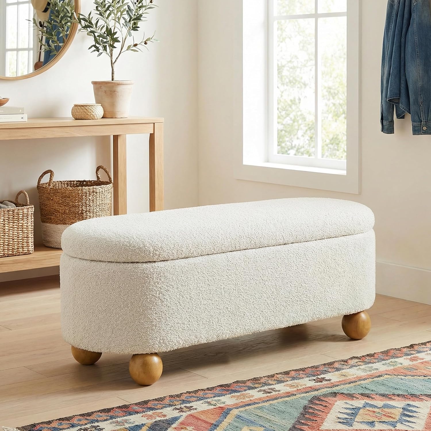 VKNOW 44.8" Storage Ottoman Bench End of Bed Bench, Thickened Upholstered Blanket Chest for Living Room, Entryway Bench with Hinge and Cute Spherical Solid Wood Stool Legs for Bedroom, Beige