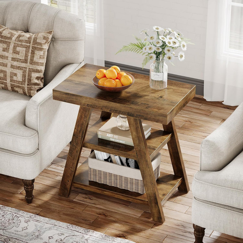 Tribesigns Farmhouse End Table, 3-Tier Wooden Sofa Side Table with Trapezoid Legs, Rustic Side Table for Couch, Vintage Bedside Nightstand for Bedroom, Living Room, Small Spaces, Rustic Brown
