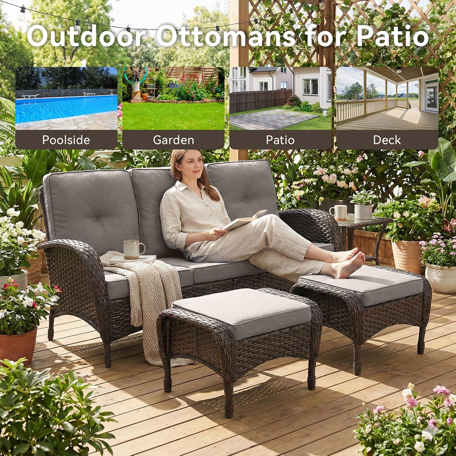 Outdoor Ottomans for Patio Foot Rest - 25 Inch PE Wicker Foot Stool Set of 2 with Removable Cushions for Patio Furniture Sets,All Weather Rattan Ottoman for Balcony Deck Blue/Gray