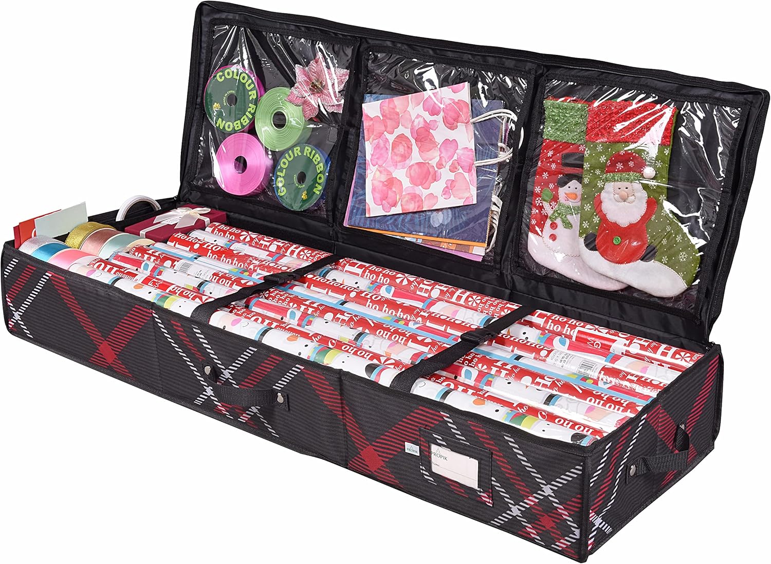 Propik Wrapping Paper Storage Container | Gift Wrap Organizer Under Bed | 41”x14”x6” | Box Holder for 18-24 Rolls Up to 40” | 600D Oxford Material | Pockets for Ribbon, Bows and Accessories (Plaid)
