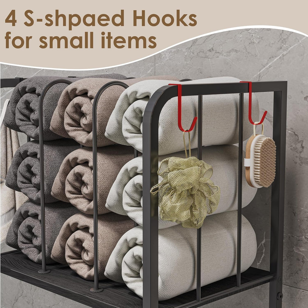 Towel Racks for Bathroom 3-Tier, Durable Metal Towel Rack Stand, Pool Items Holder, M-Shaped Detachable Dividers for Towel Storage, Space-Saving Storage Organizer Black, Patent Pending