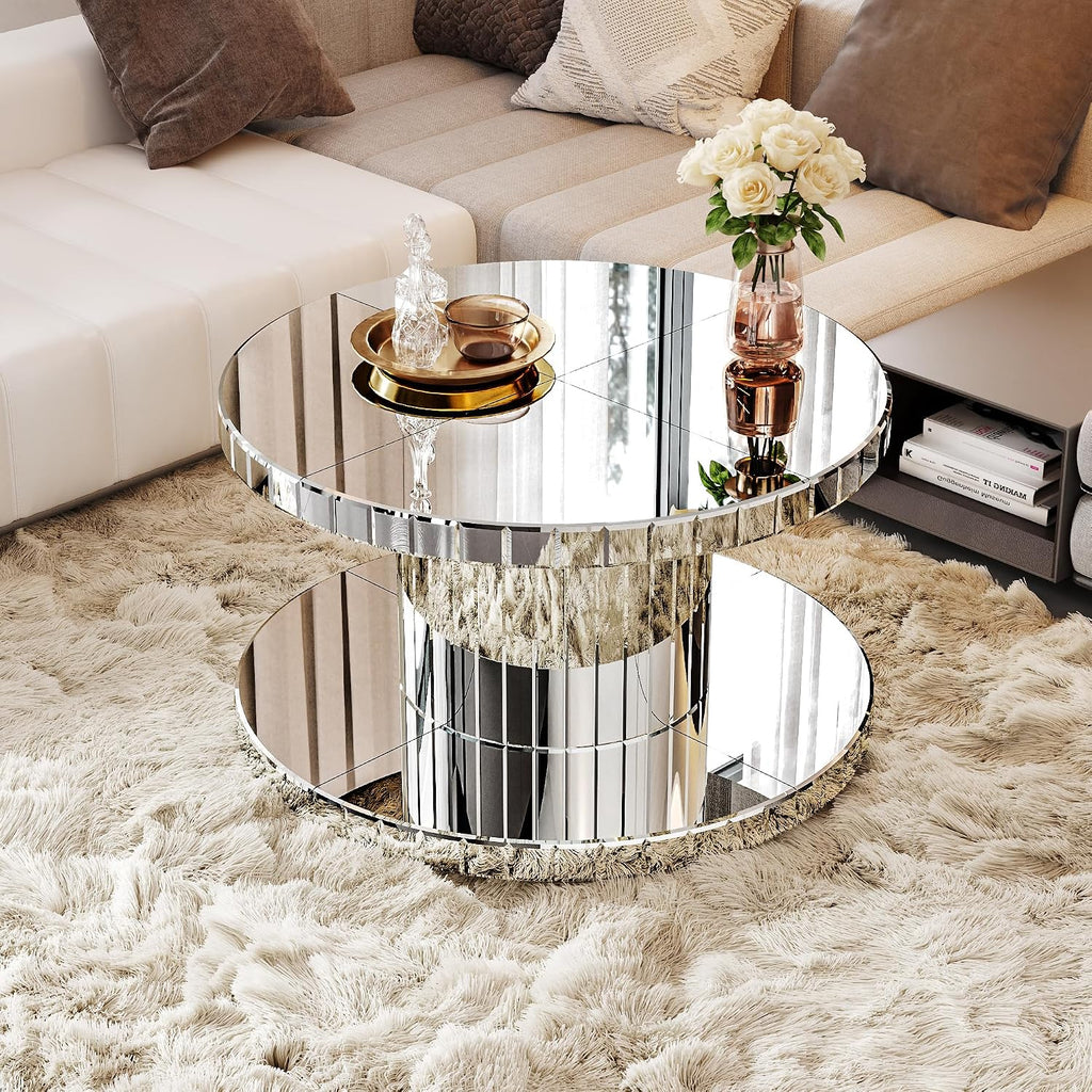 Double Tier Luxury Round Mirror Coffee End Table with Glass 31.5" Diameter Sofa Side Table for Living Room, Light Luxury Design, Sturdy Frame