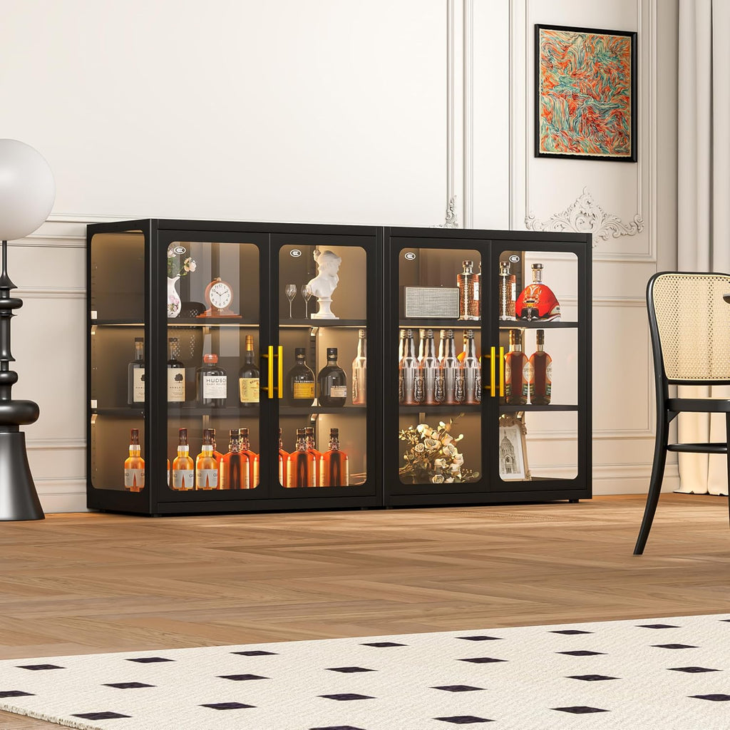 34" Display Cabinet with Glass Doors, 4-Tier Curio Cabinet with Many Color Lights for Collectibles, Glass Display Case, Bookcase with 4 Shelves, Storage Cabinets, Black