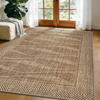 Jute Rug 5x7 Outdoor Patio Rug with Border, Washable Rugs for Living Room, Farmhouse Non Slip Area Rugs with Rubber Backing Indoor Outdoor, Non Shedding Carpet for Bedroom, Courtyard, Light Brown