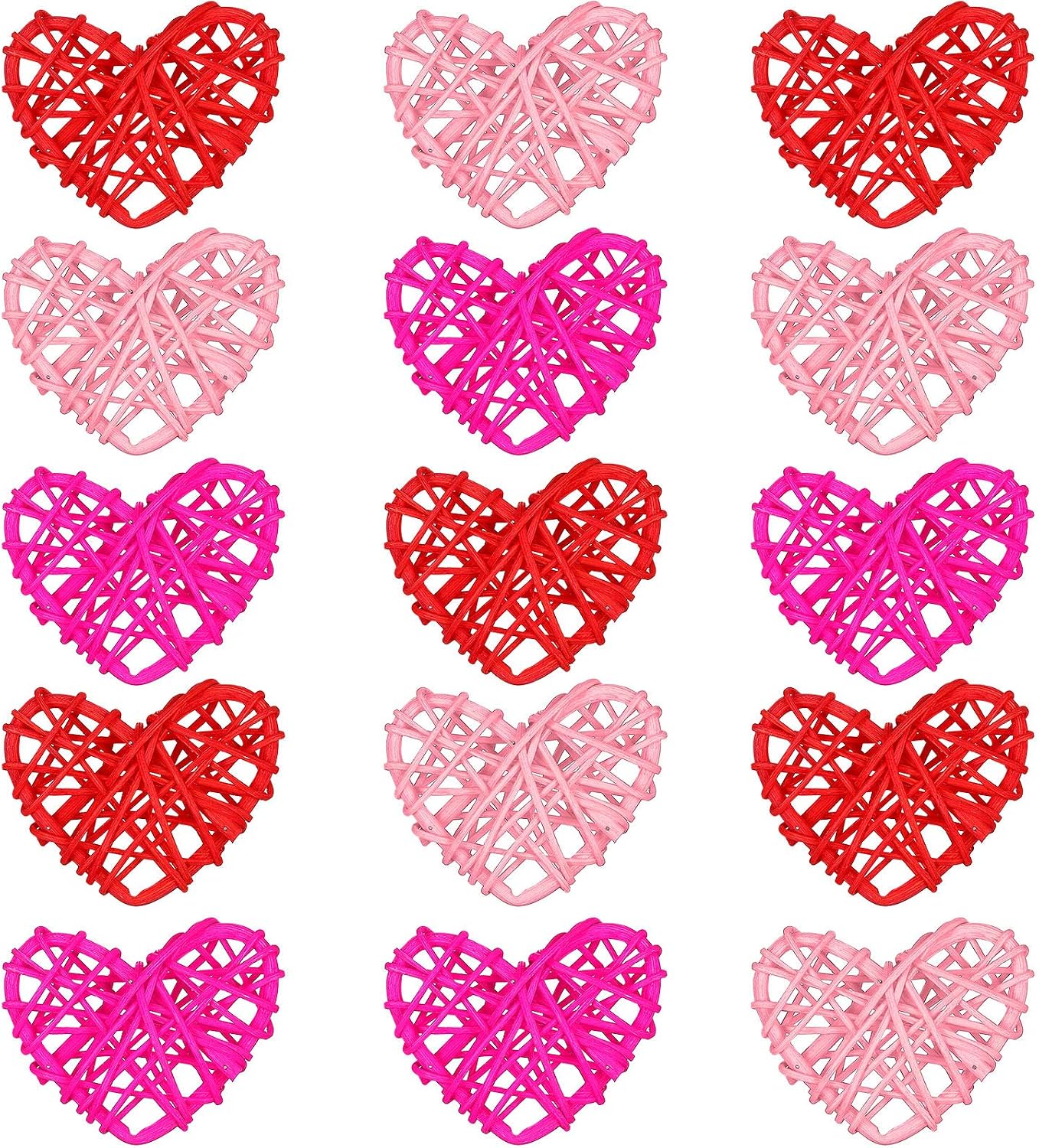 Jetec 15 Pcs Valentine's Day Heart Rattan Ornaments 2.4 Inch DIY Heart Shaped Natural Vase Filler Wicker Balls Rattan Twig for Valentine Wedding Birthday Party Table Decor Crafts, Red, Pink, Rose Red