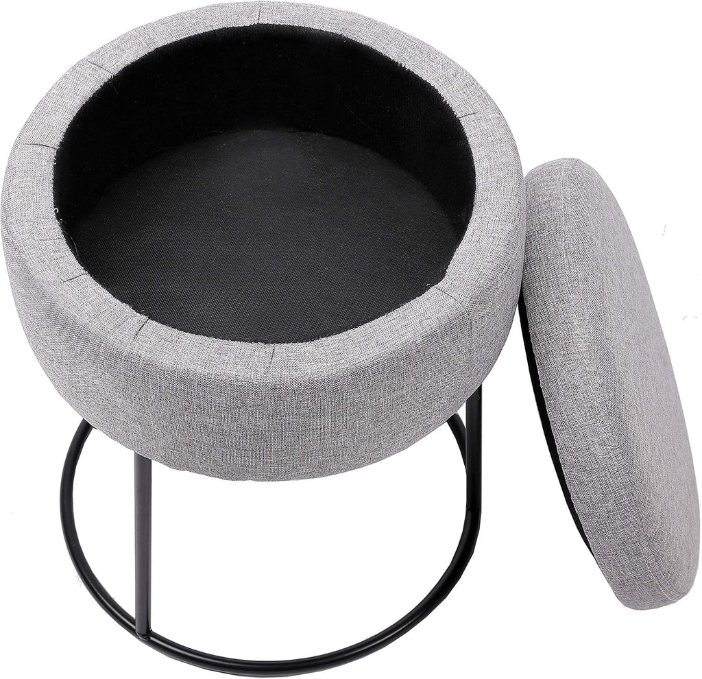 BIRDROCK HOME Grey Linen Storage Stool Ottoman w/Black Metal Leg Base, Soft Compact Padded Seat Footrest, Small Footstool for Living Room Seating, Office, Dorm, Vanity Chair, Bedroom, Couch, Desk