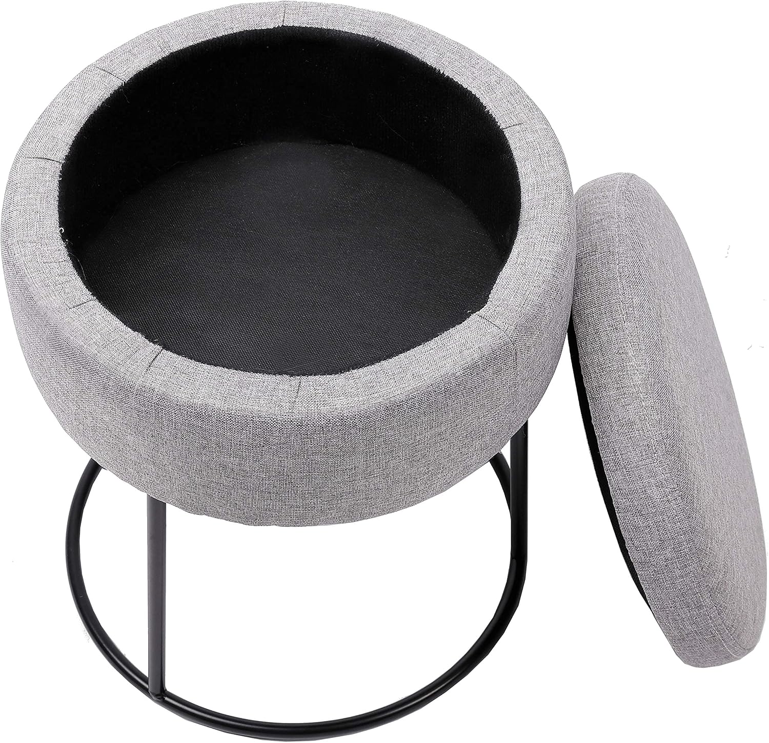 BIRDROCK HOME Grey Linen Storage Stool Ottoman w/Black Metal Leg Base, Soft Compact Padded Seat Footrest, Small Footstool for Living Room Seating, Office, Dorm, Vanity Chair, Bedroom, Couch, Desk