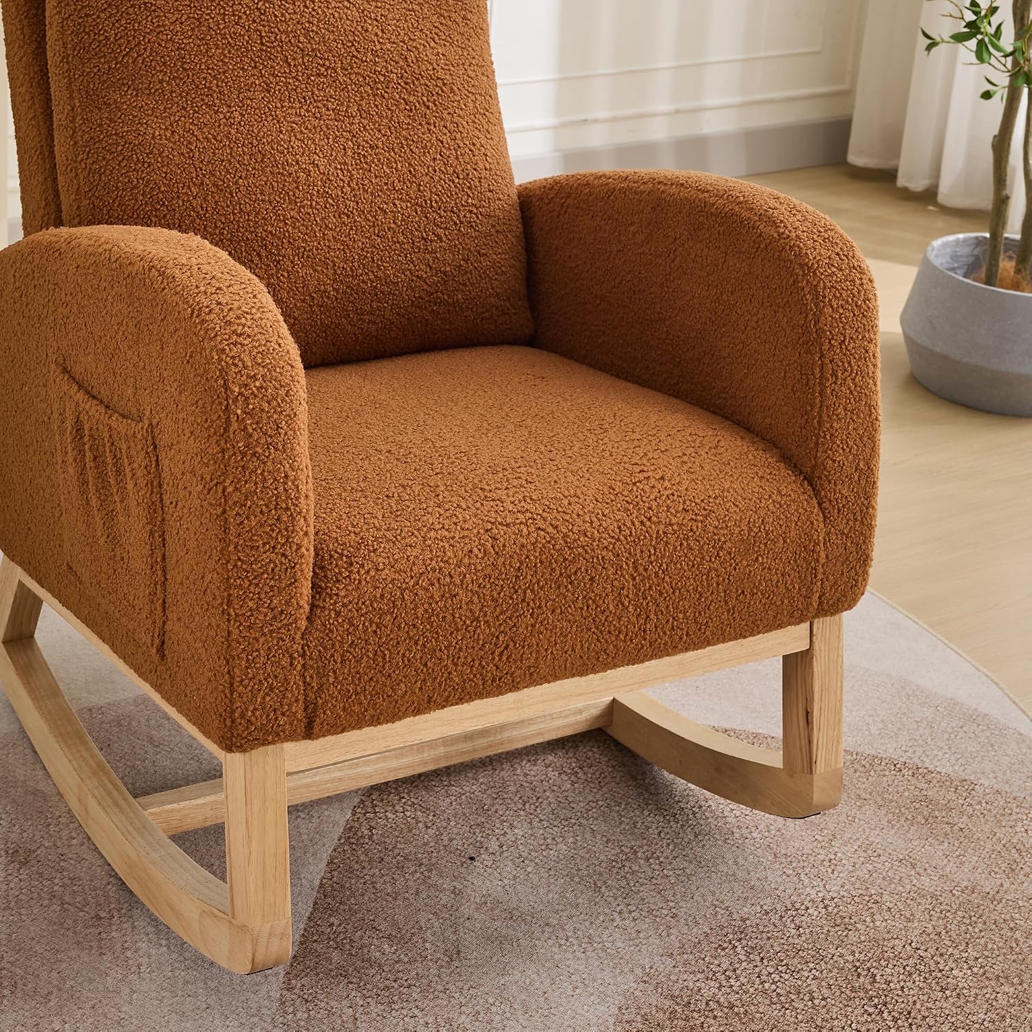 27.2" Rocking Chair for Nursery, Sherpa with Morden High Back and Side Pocket, Rocking Accent Armchair with Rubber Wood Legs for Living Room, Bedroom, Caramel
