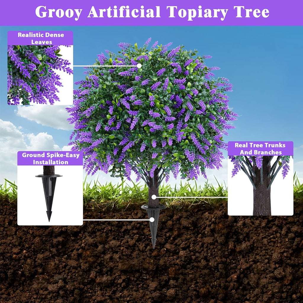 Grooy Artificial Boxwood Topiary Ball with Lavender, Set of 2 Artificial Shrub Bushes with Ground Spike, UV Resistant Fake Evergreen Plant Tree for Porch Outdoor Planters Indoor
