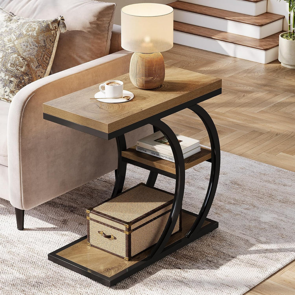 Tribesigns End Table for Living Room, 3-Tier Narrow Wood Couch C-Shaped Side Table with Storage, Industrial Nightstand for Bedroom, Small Spaces, Natural
