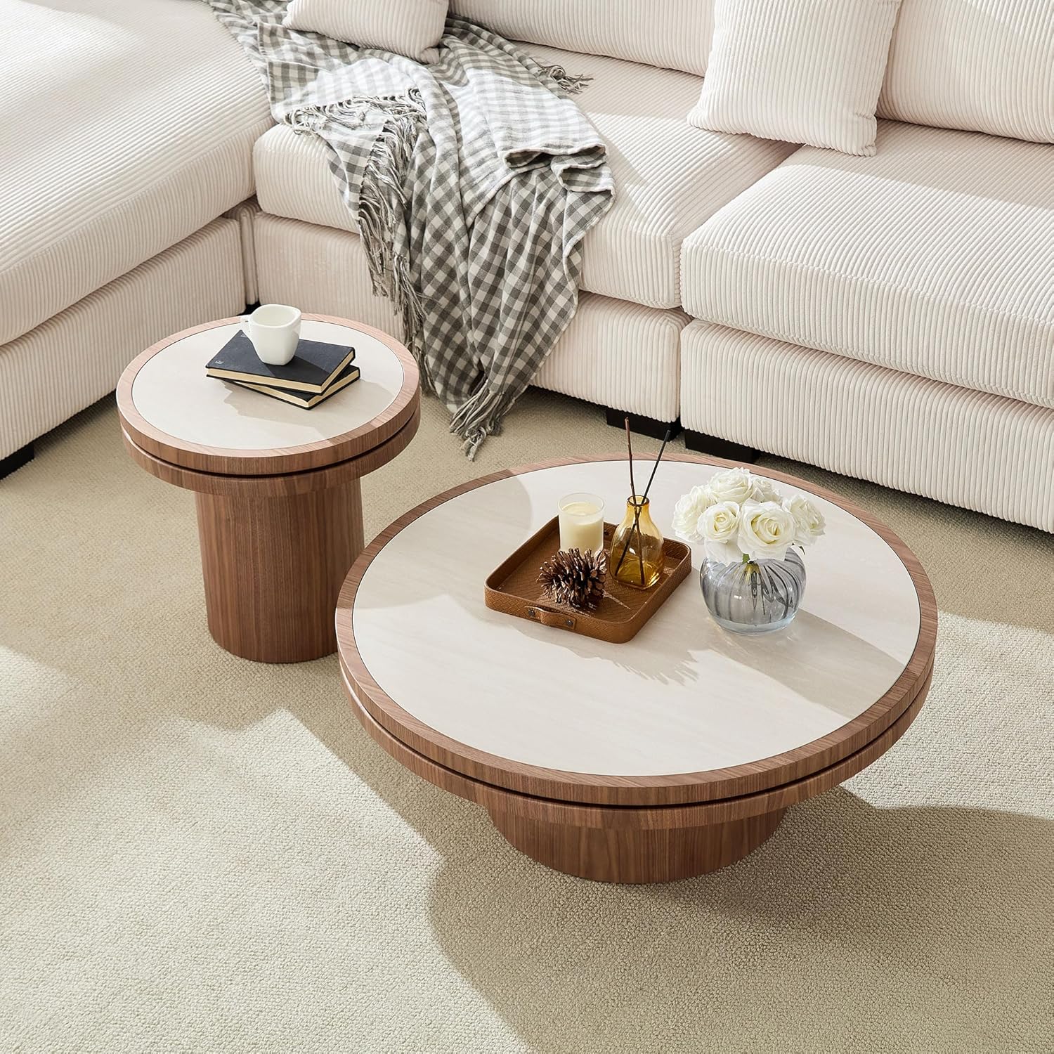 35.43 Inch Round Sintered Stone Side Table, No Assembly MDF Coffee Table with Walnut Finish, Modern Small Accent End Table for Living Room Bedroom Office Apartment Compact Space (35.43''+Walnut)