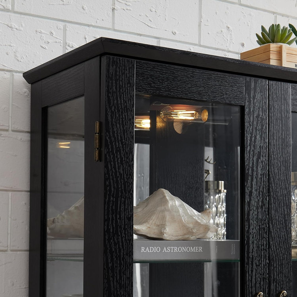 3-Tier Lighted Glass Curio Display Cabinet, 47" H Glass Storage Cabinet with Adjustable Shelves & 1 Drawer, Wooden Wine Accent Display Case with Mirrored Back Panel for Living Room (Black)