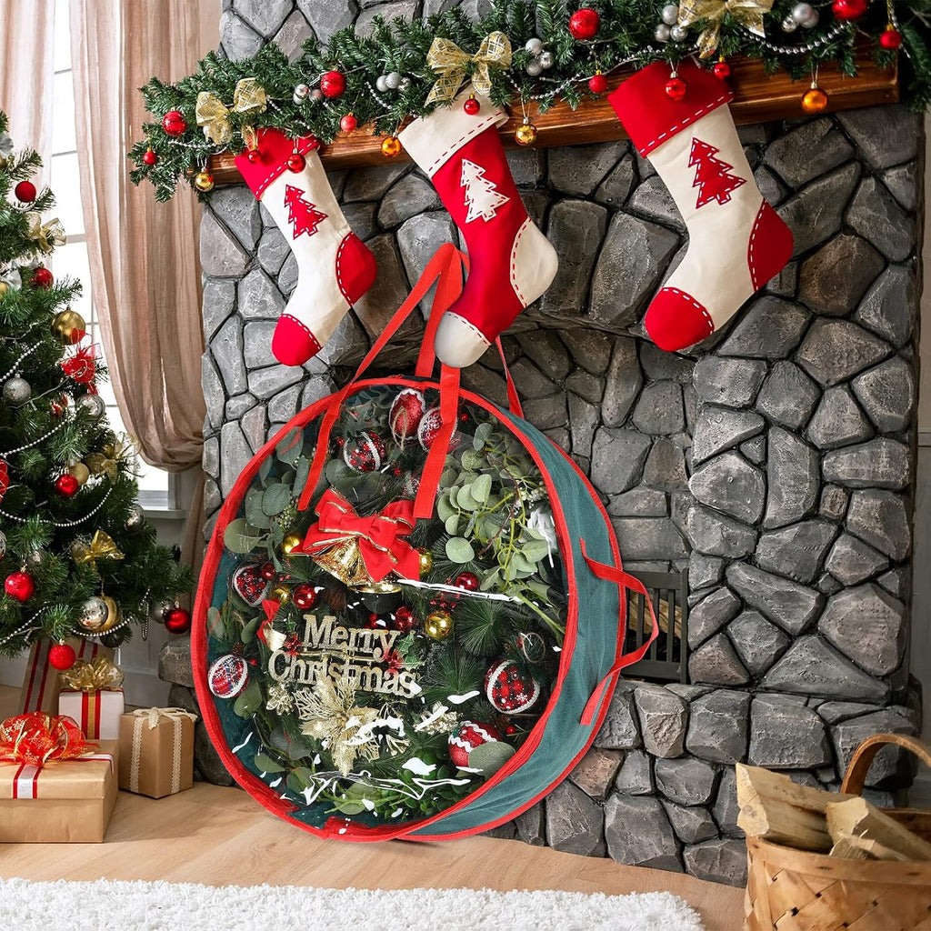 Coume 4 Pcs Christmas Wreath Storage Bag Garland Wreaths Container with Clear Window for Xmas Holiday Decorations Storage Protection Bags Resistant Water Box (24 Inch Diameter,7 Inch High)