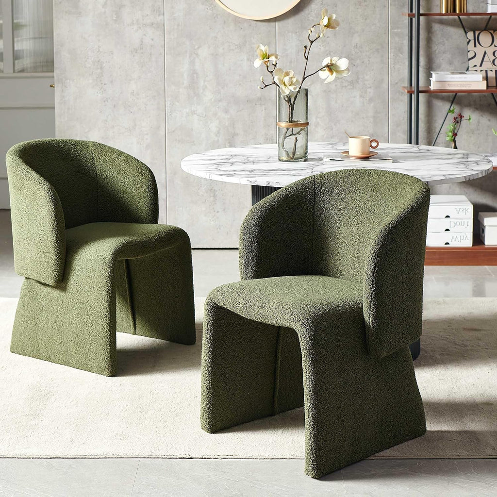 Barrel Dining Chairs Set of 2, Modern Comfy Kitchen Chairs with Arm, Upholstered Teddy Velvet, Bedroom, Living Room, Reading Room, Green