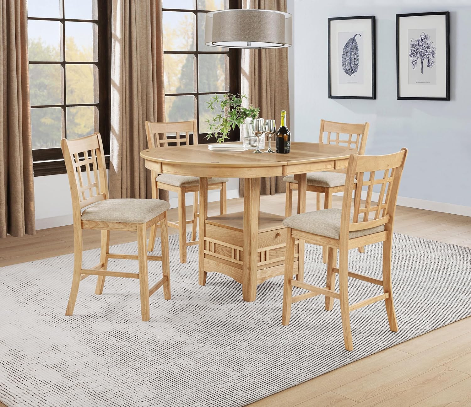 Coaster Home Furnishings - LAVON - 5-Piece Counter Height Dining Set - Oval Extendable Table with Storage & 4 Upholstered Chairs - Dining Room & Kitchen - Light Oak - 106628-S5