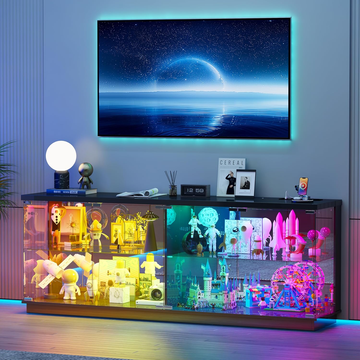 Lvifur 59" W Large Display Case - with Glass Door,Glass Display Cabinet with RGB Lights for Collectibles,Lighted Cuiro Cabinet with Motion Sensor Light,Charging Station,China Cabinets,Black