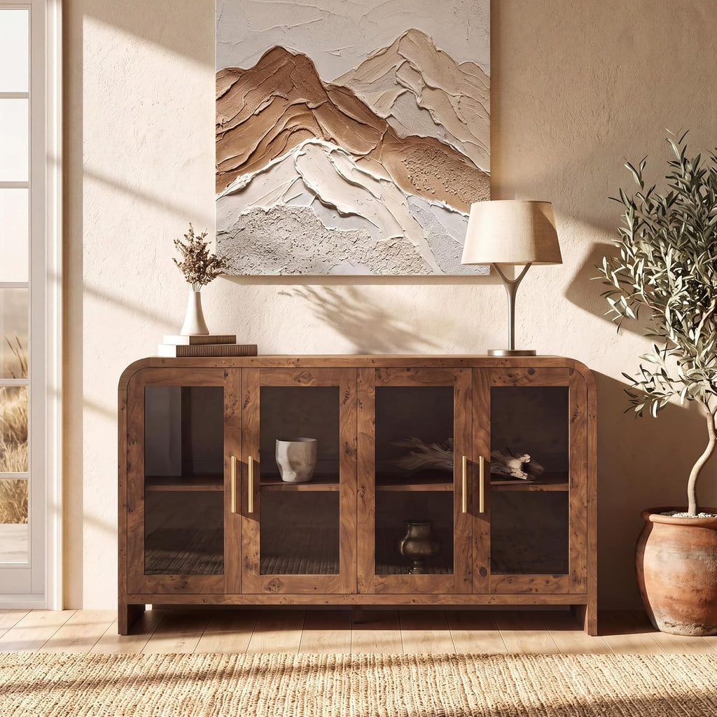 Curved Buffet Storage Cabinet, 59.7" Modern Sideboard with 4 Glass Doors & Adjustable Shelves, Wood Coffee Bar Console Table, Kitchen Cabinet Office Credenza, Hallway, Dark Burl