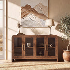 Curved Buffet Storage Cabinet, 59.7" Modern Sideboard with 4 Glass Doors & Adjustable Shelves, Wood Coffee Bar Console Table, Kitchen Cabinet Office Credenza, Hallway, Dark Burl