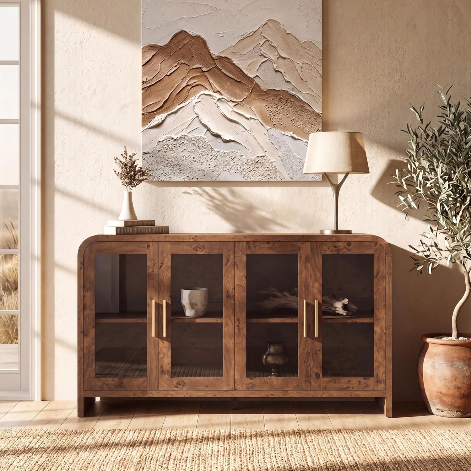 Curved Buffet Storage Cabinet, 59.7" Modern Sideboard with 4 Glass Doors & Adjustable Shelves, Wood Coffee Bar Console Table, Kitchen Cabinet Office Credenza, Hallway, Dark Burl