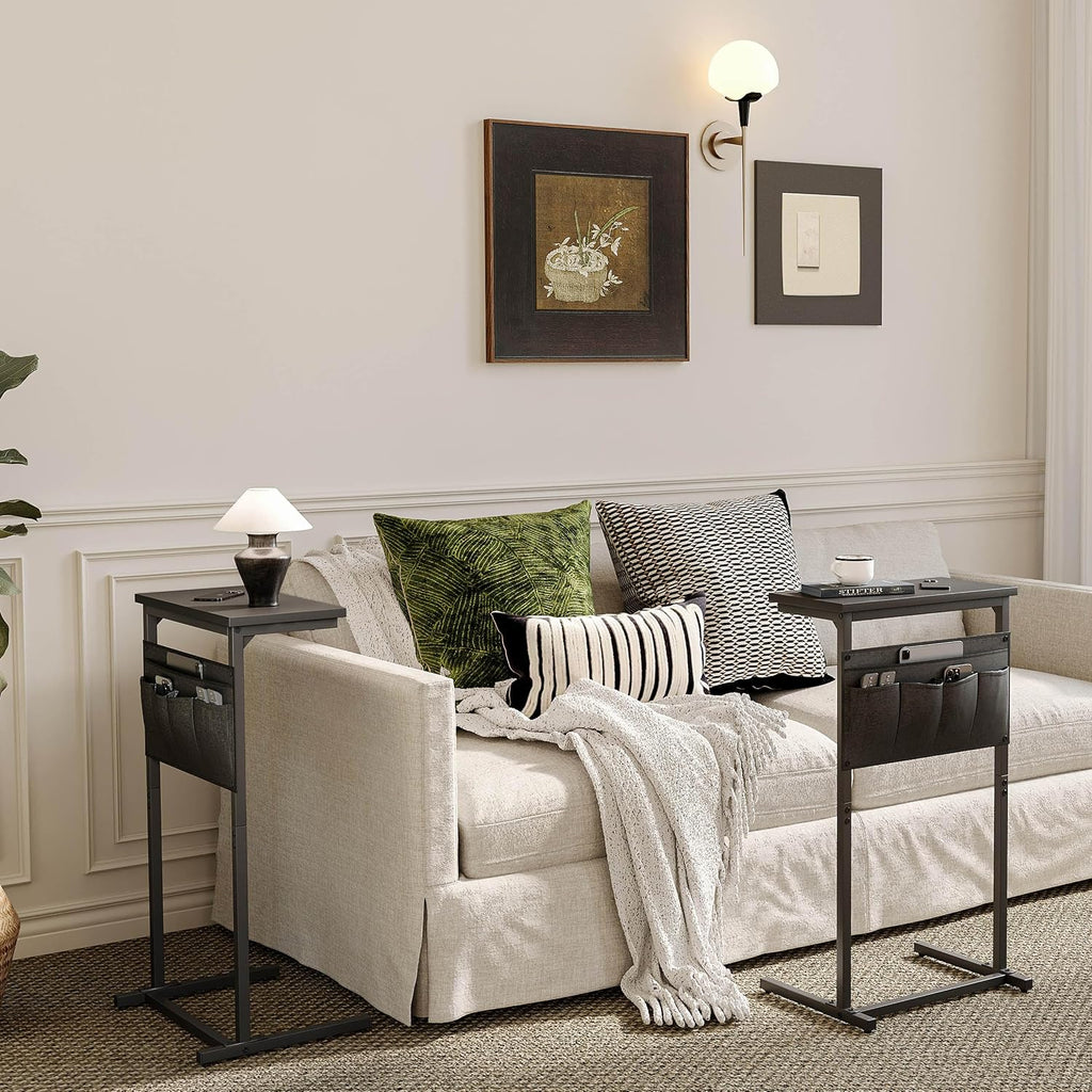C Shaped End Table, Side Table for Sofa, Small TV Tray, Couch Table with Storage Bag for Small Space, Living Room, Bedroom, Home Office LET501B (Black)