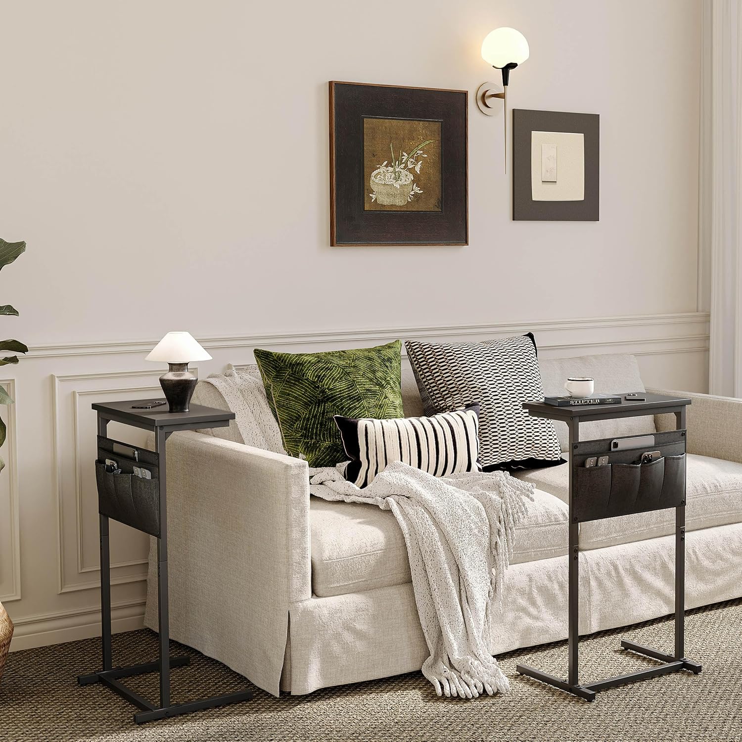 C Shaped End Table, Side Table for Sofa, Small TV Tray, Couch Table with Storage Bag for Small Space, Living Room, Bedroom, Home Office LET501B (Black)
