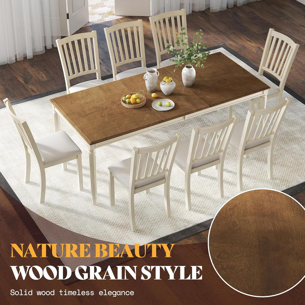 AMERLIFE 9-Piece Farmhouse Dining Table Set for 8, 79" Rectangular Kitchen Table with 8 Upholstered Chairs, Solid Rubberwood Frame, Roman Conical Legs, Rustic Cream