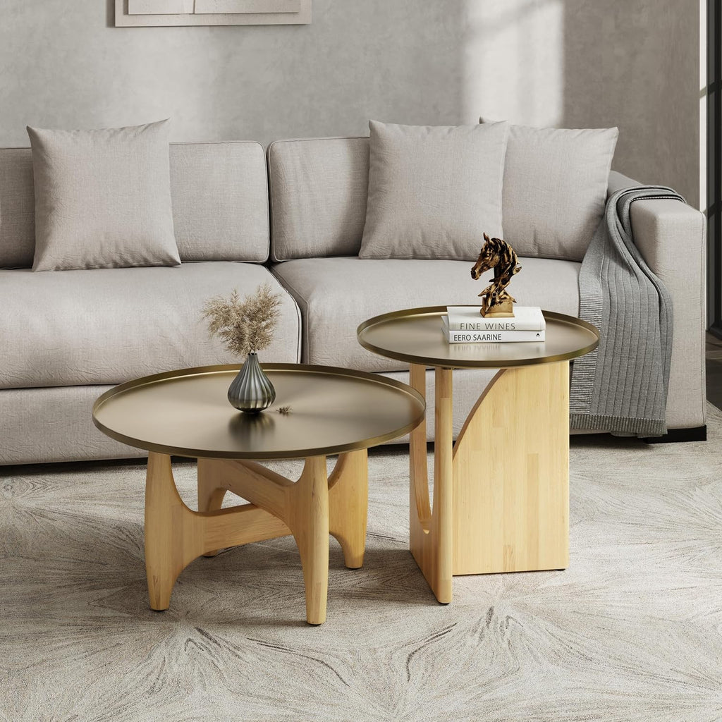 AUZ Round End Table with Brushed Gold Top, Small Wood Side Table for Living Room, Mid Century Accent Table, Natural Wood Base, Space-Saving Nightstand