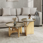 AUZ Round End Table with Brushed Gold Top, Small Wood Side Table for Living Room, Mid Century Accent Table, Natural Wood Base, Space-Saving Nightstand