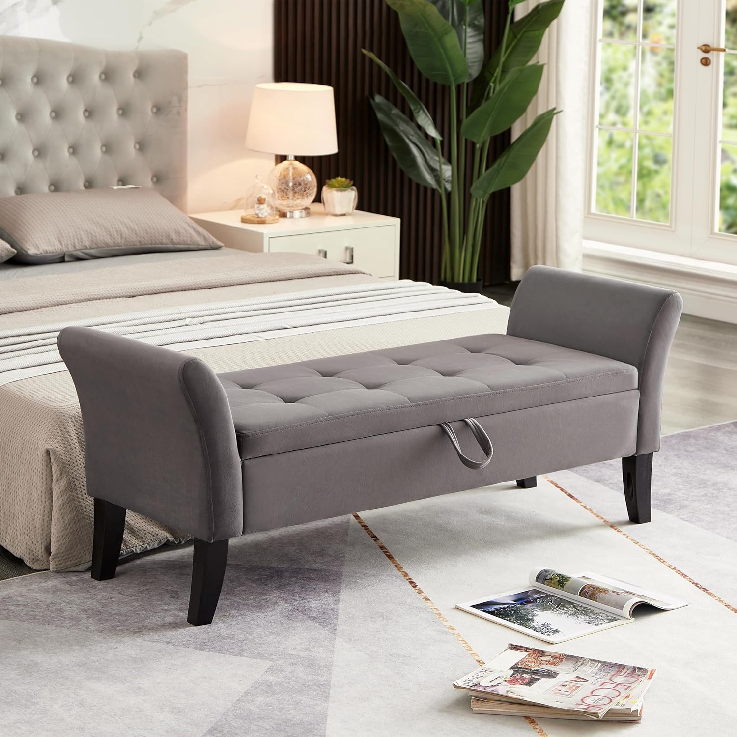 51.5" Velvet Storage Bench, Upholstered Button Tufted Design, Bedside Bench with Armrests, Secure Hinged Storage Space, Suitable for Bedroom Living Room (Grey)