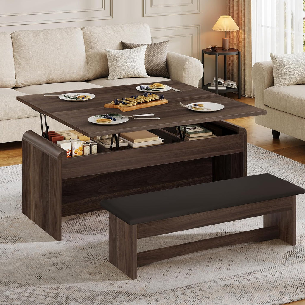 Lift Top Coffee Table 4-in-1, 40 Inches Coffee Table Set with Bench & Hidden Compartment, Multi-Function Converts to Dining Table for Living Room, Home Office, Lifting Top Tables, Walnut