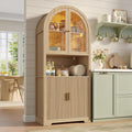 Maupvit 70" Tall Arched Wine Bar Cabinet with LED Light, Fluted Coffee Bar Cabinets with Stemware Rack, Kitchen Pantry Cupboard with Glass Doors, Liquor Cabinet for Home, Dining Room (Nature)