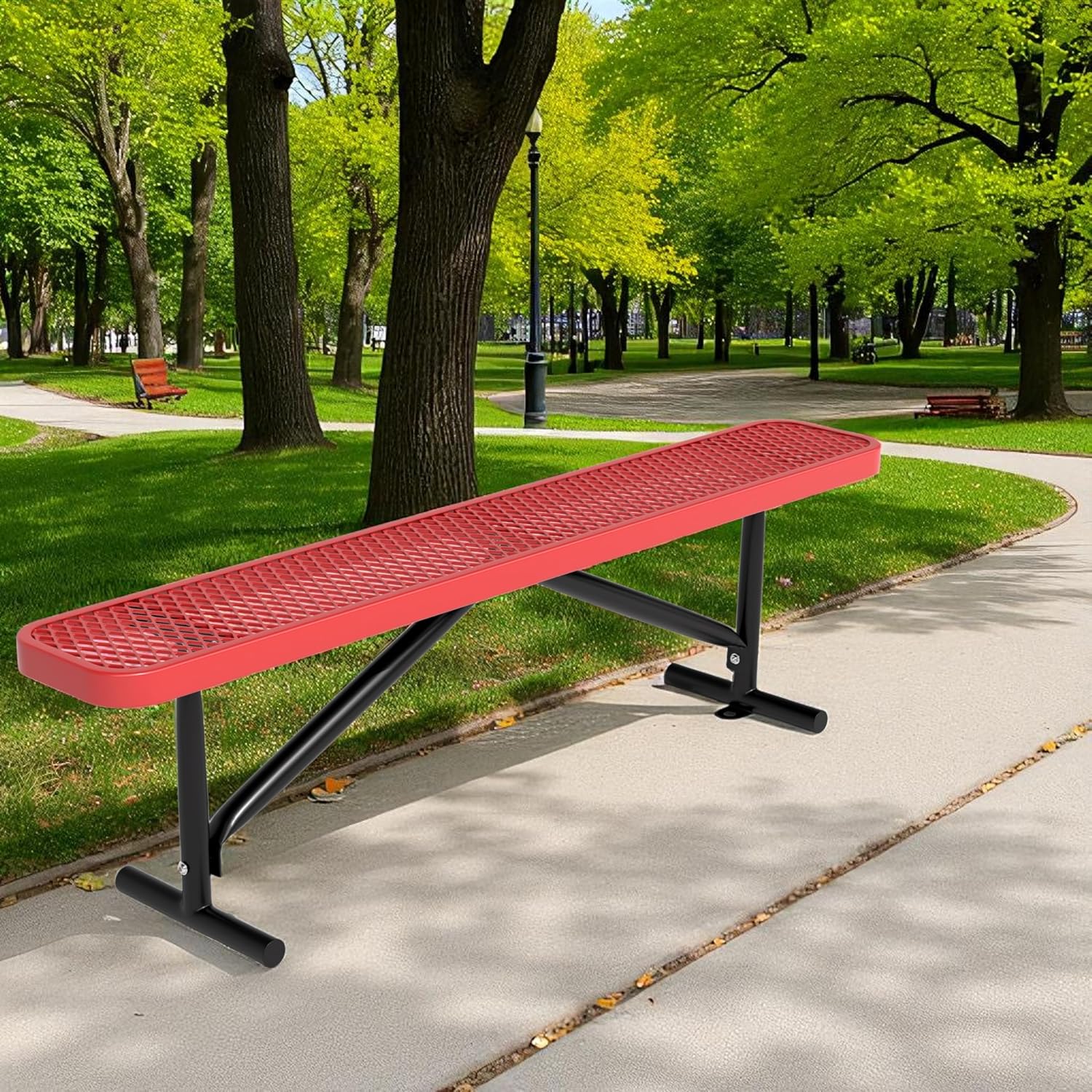 Outdoor Garden Benches, 6 ft Steel Picnic Bench Porch Chair Furniture Patio Seating, Commercial Expanded Metal Mesh Bench for Outside, Lawn, Backyard, Park, Deck, Garden, Patio, School (Red, 6FT)