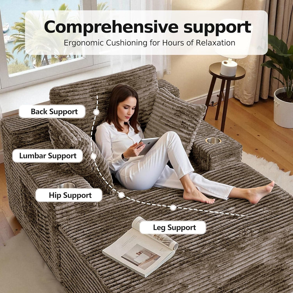 66" Chaise Lounge Chair Indoor,Oversized Boneless Single Sleeeper Couch Bed,Corduroy Cloud Sofa with 3 Soft Pillows for Livingroom,Bedroom,No Assembly,(Khaki)