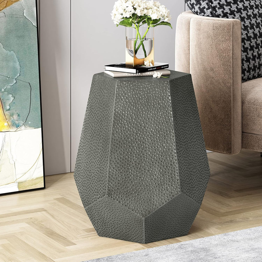 roomfitters Modern Hammered Iron Side Table, Metal End Table for Living Room, Decorative Accent Pedestal, Antique Silver