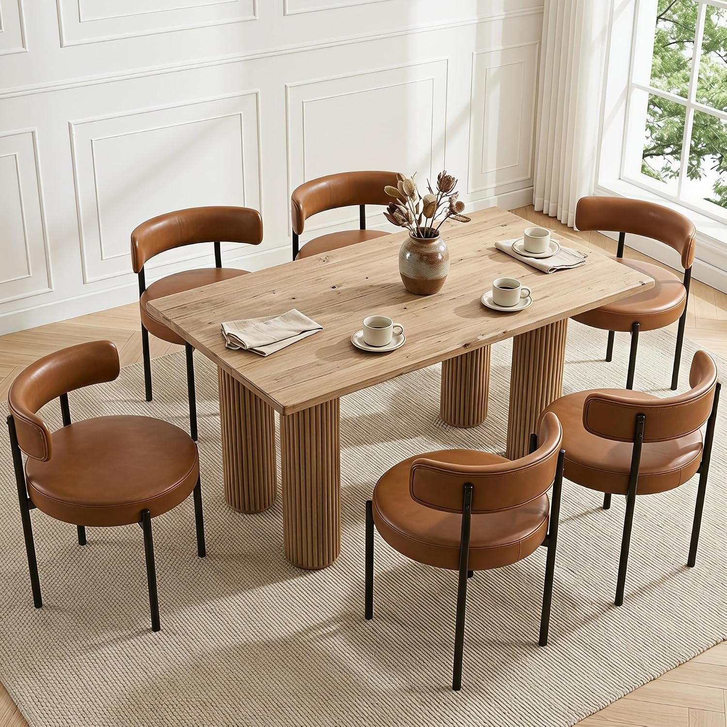 Faux Leather Dining Chairs Set of 6, Mid Century Modern Dining Room Chairs with Barrel Backrest, Upholstered Brown Kitchen Chairs for Dining Room, Restaurant