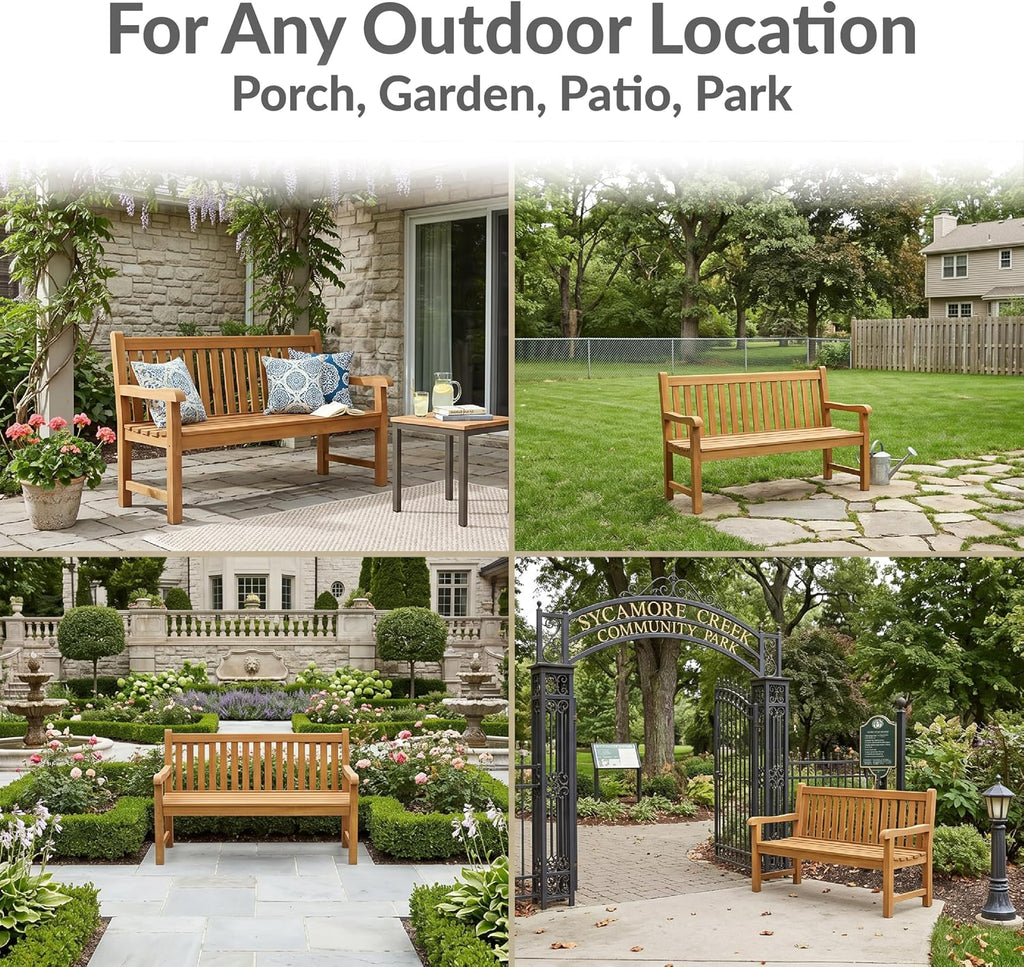 Sunnydaze Outdoor Bench for Patio, Front Porch, or Park - 2-Person Wooden Teak Garden Bench Seat - 675 lb Weight Capacity - 50"