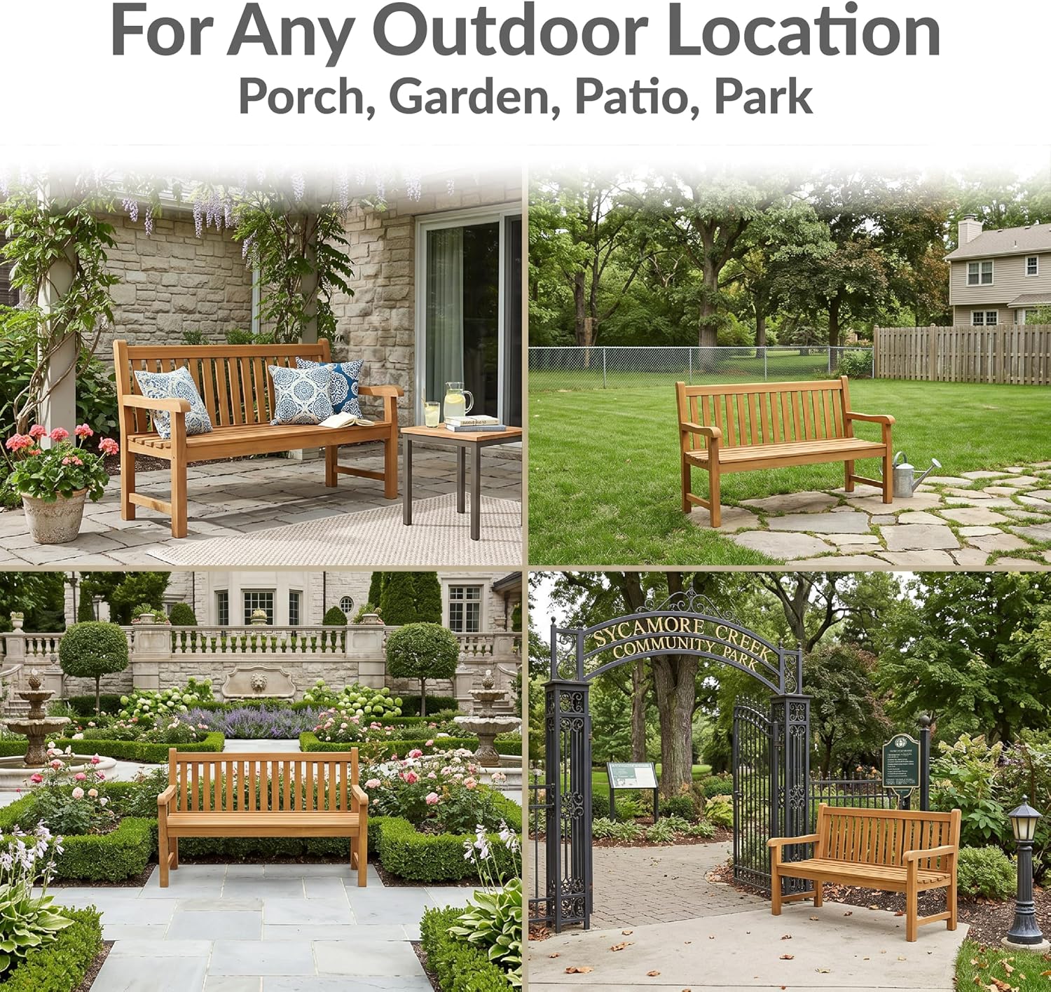 Sunnydaze Outdoor Bench for Patio, Front Porch, or Park - 2-Person Wooden Teak Garden Bench Seat - 675 lb Weight Capacity - 50"