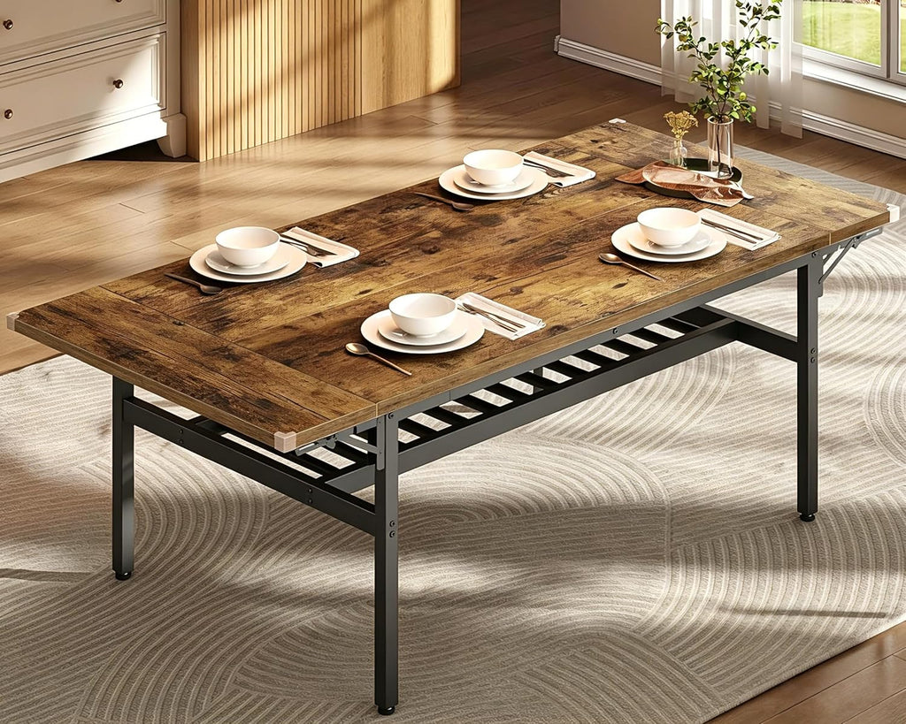 RALGEND 63" Extendable Dining Table for 4-6, Folding Kitchen Table with Drop Leaf, Farmhouse Dining Room Tables with Wine Rack, for Kitchen and Dining Room, Rustic Brown and Black