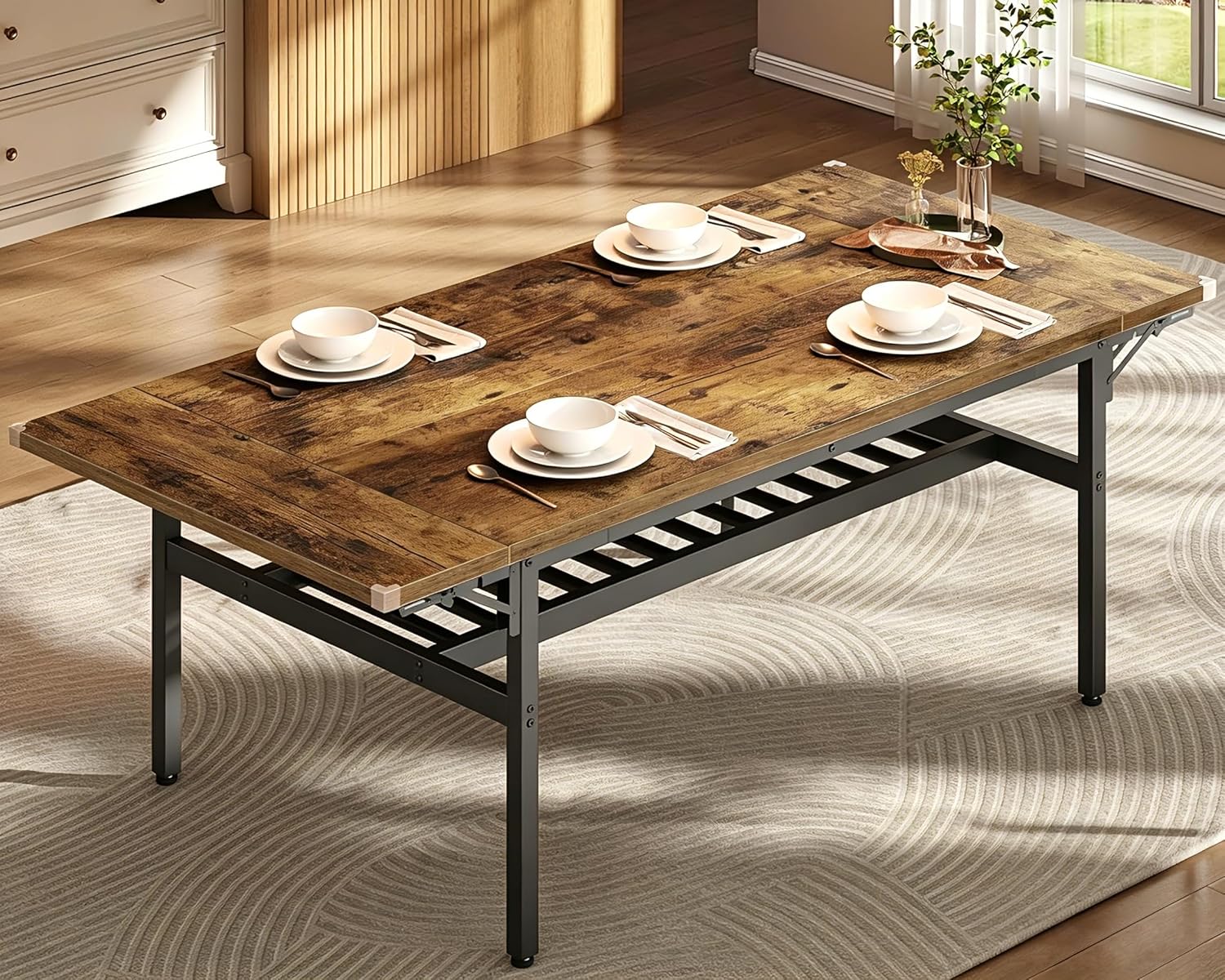 RALGEND 63" Extendable Dining Table for 4-6, Folding Kitchen Table with Drop Leaf, Farmhouse Dining Room Tables with Wine Rack, for Kitchen and Dining Room, Rustic Brown and Black