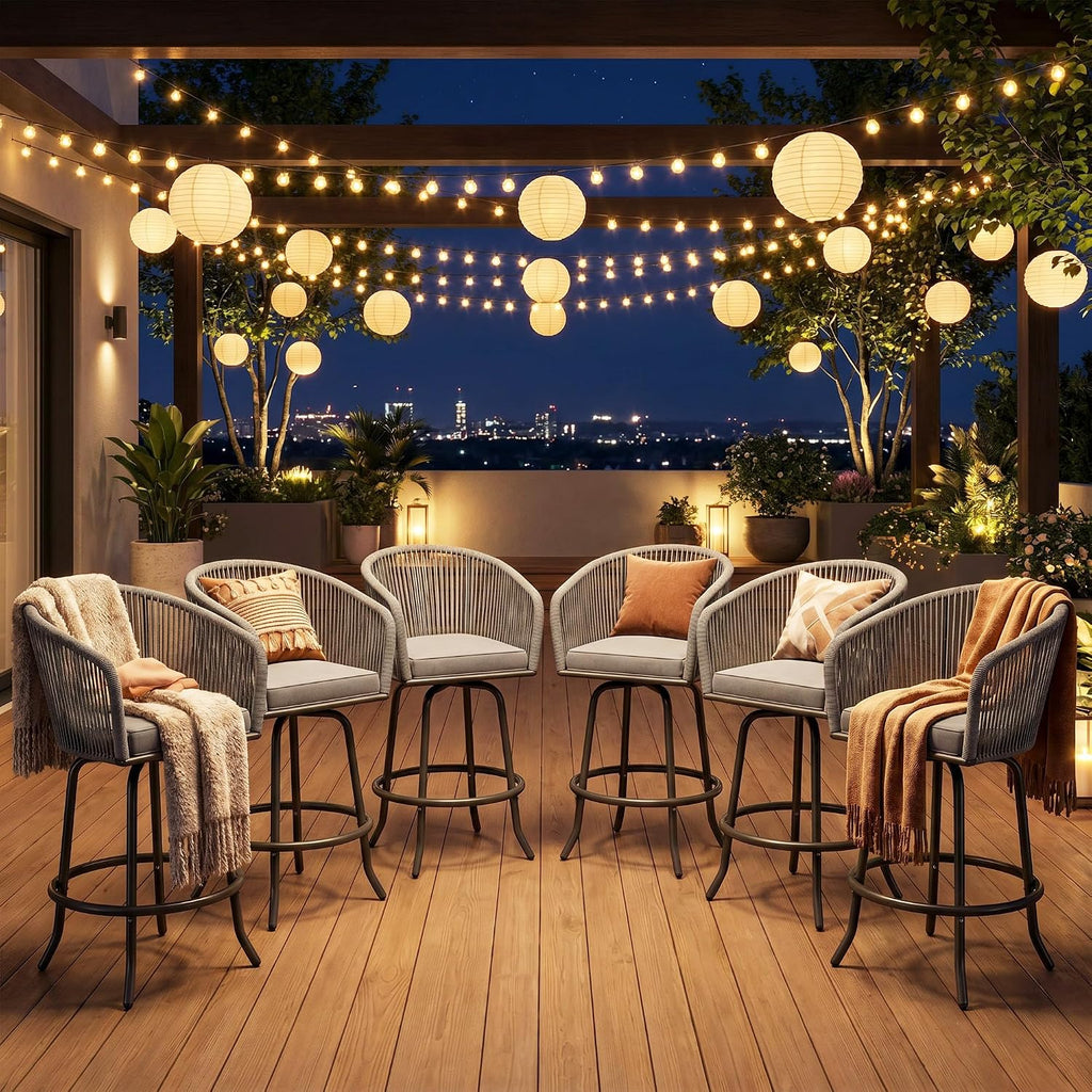 YITAHOME 27" Bar Stools Set of 6 with Arms & Cushions, 360° Swivel Outdoor Bar Stools, All Weather Counter Height Bar Stools Set of 6 with Curved Back for Backyard, Kitchen Island, Dining Room, Gray