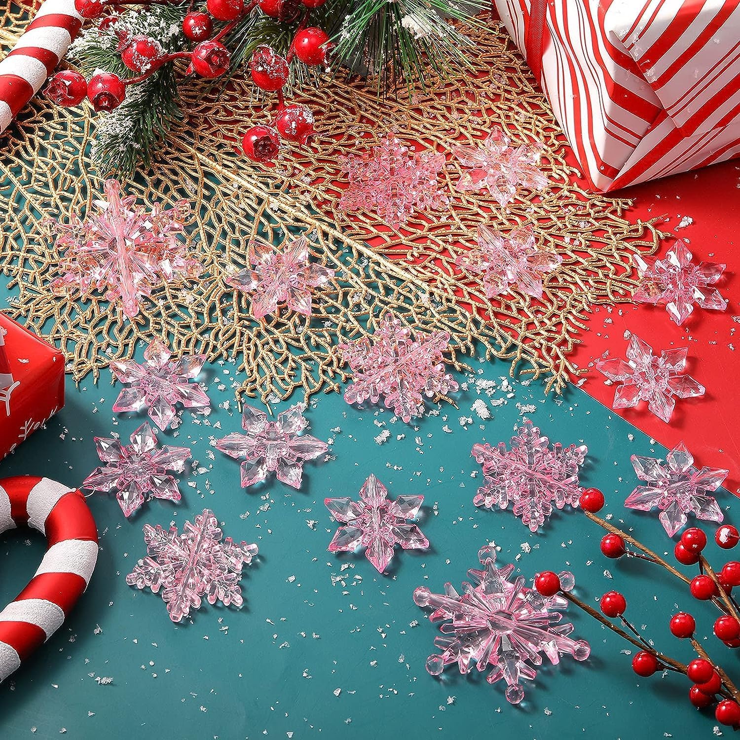 102 Pieces Christmas Vases Filler Decorations for Faux Pink Snowflakes Beads Party Garland for Vases Filler Wedding Centerpiece Christmas Party Decor