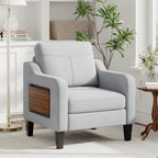 Accent Chair for Living Room Modern Linen Upholstered Armchair Side Wooden Fabric Sofa Chair with Foldable Table 2 Side Pockets Comfy Reading Chair for Bedroom
