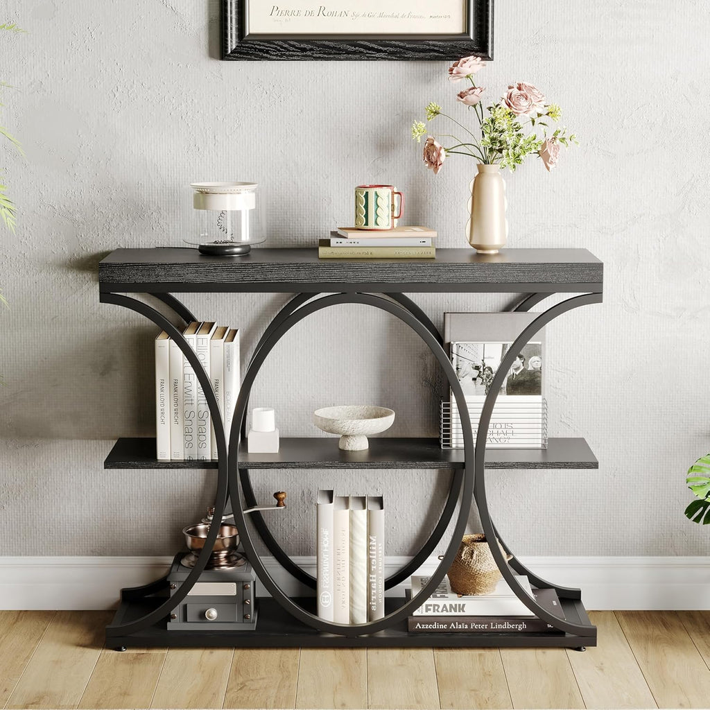 Garvee 39" Narrow Console Tables for Entryway, Industrial 3-Tier Sofa Table with Round Metal Base and Storage Shelves for Living Room, Hallway, Foyer, Black Wood Grain