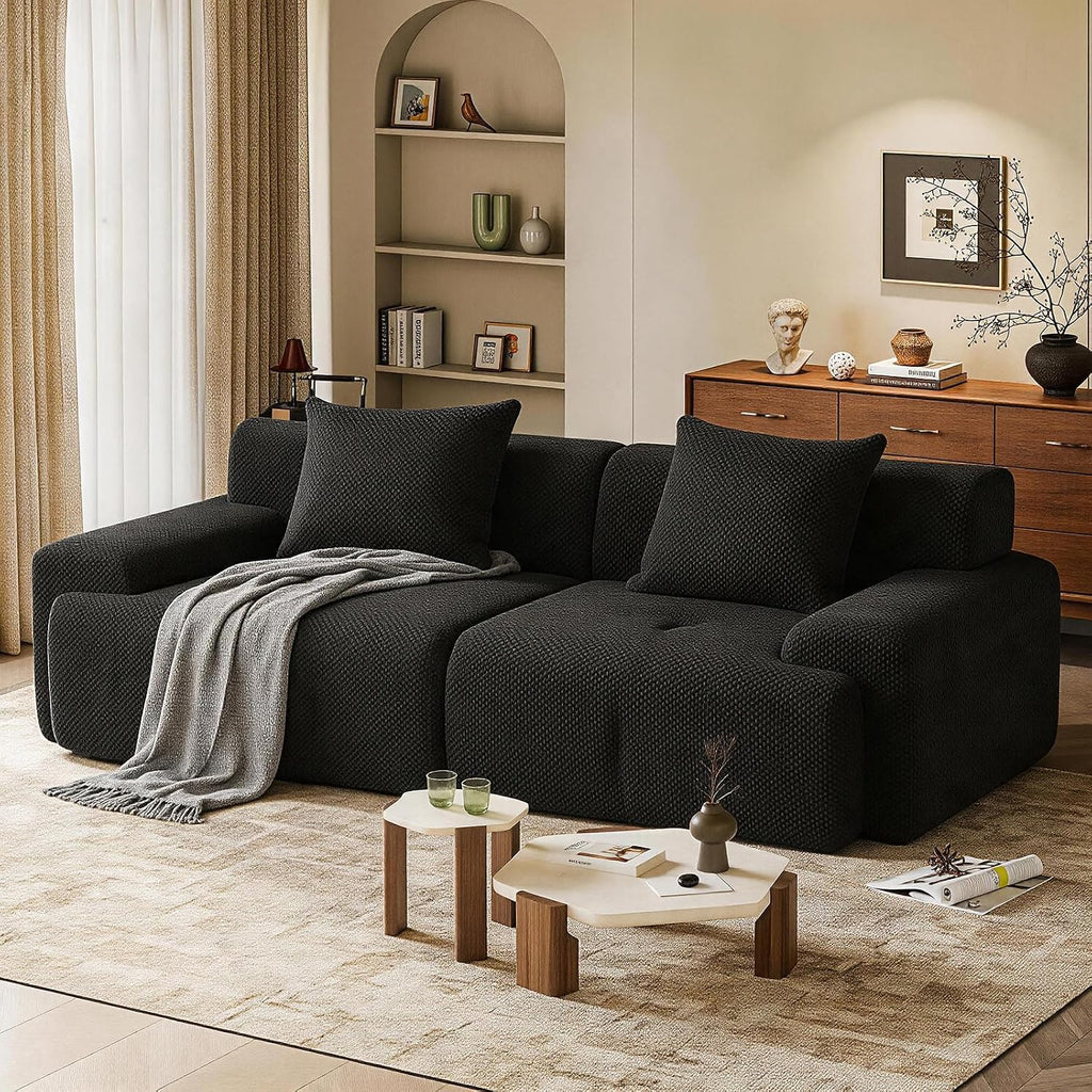 Modern Loveseat Sofa, 73.2" Black Boneless Couch with Spring and Foam Fill, Soft Pineapple Lattice Material, No Assembly Required for Living Room & Guest Room
