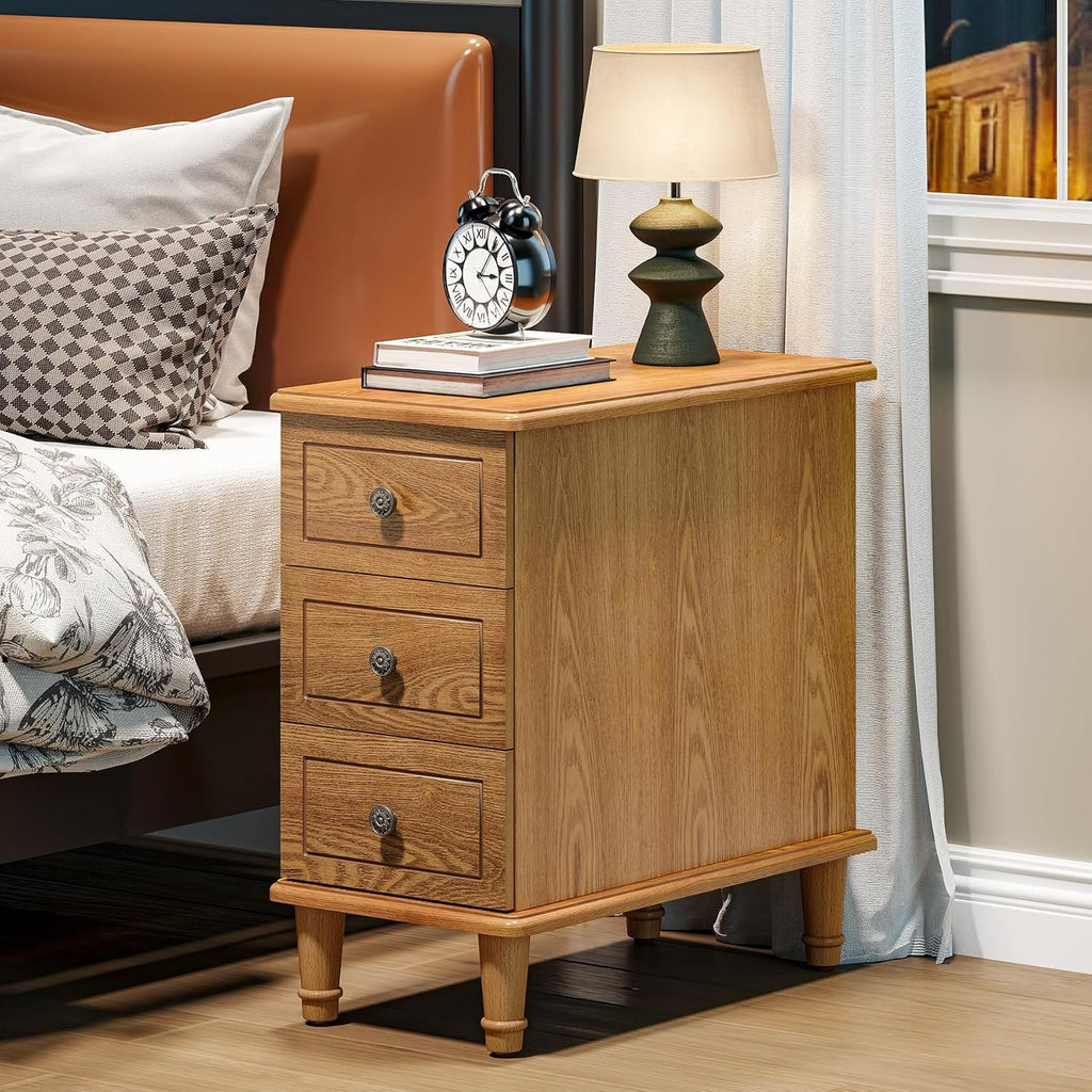 LITTLE TREE Fully Assembled End Table, Set of 2, Narrow Bedside Table with 3 Drawers, Vintage Nightstand for Small Spaces, Living Room, Bedroom, Natural Color